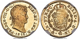 Ferdinand VII gold Escudo 1815 Mo-HJ MS63 NGC, Mexico City mint, KM122, Cal-1516 (prev. Cal-299). Exquisitely fine and essentially Prooflike, that thi...