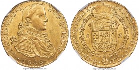 Ferdinand VII gold 8 Escudos 1808 Mo-TH AU58 NGC, Mexico City mint, KM160, Cal-1781 (prev. Cal-43). On the cusp of Mint State preservation and possess...