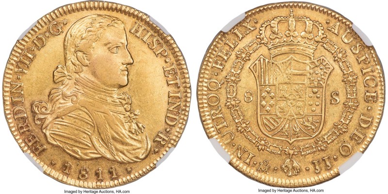 Ferdinand VII gold 8 Escudos 1811 Mo-JJ AU58 NGC, Mexico City mint, KM160, Fr-47...