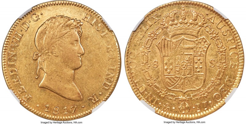 Ferdinand VII gold 8 Escudos 1817 Mo-JJ AU55 NGC, Mexico City mint, KM161, Cal-1...