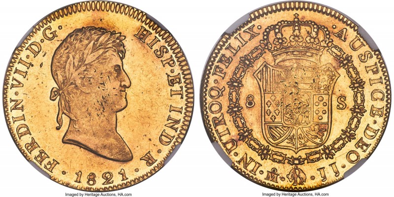 Ferdinand VII gold 8 Escudos 1821 Mo-JJ MS61 NGC, Mexico City mint, KM161, Cal-1...