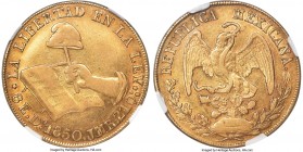 Republic gold 8 Escudos 1850 Do-JMR XF45 NGC, Durango mint, KM383.3, Onza-1875. Imbued with substantial mint brilliance despite the assigned grade, il...
