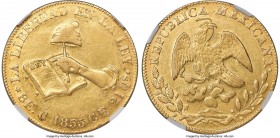Republic gold 8 Escudos 1855/4 C-CE AU53 NGC, Culiacan mint, KM383.2, Onza-1829. A collectible pale-gold specimen just shy of Mint State designation. ...
