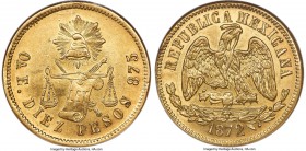 Republic gold 10 Pesos 1872 Oa-E AU55 NGC, Oaxaca mint, KM413.8, Fr-136. Uniform yellow-gold surfaces decorate this borderline Mint State representati...