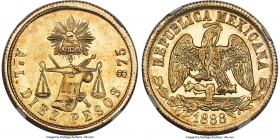 Republic gold 10 Pesos 1888 As-L AU58 NGC, Alamos mint, KM413. Just shy of a Mint State designation and bearing only the most trivial evidence of hand...