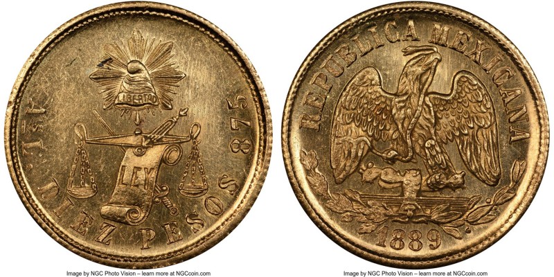 Republic gold 10 Pesos 1889 As-L MS63 NGC, Alamos mint, KM413. A fully Choice Mi...