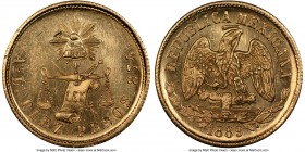 Republic gold 10 Pesos 1889 As-L MS63 NGC, Alamos mint, KM413. A fully Choice Mint State example featuring reflective semi-Prooflike fields and lightl...