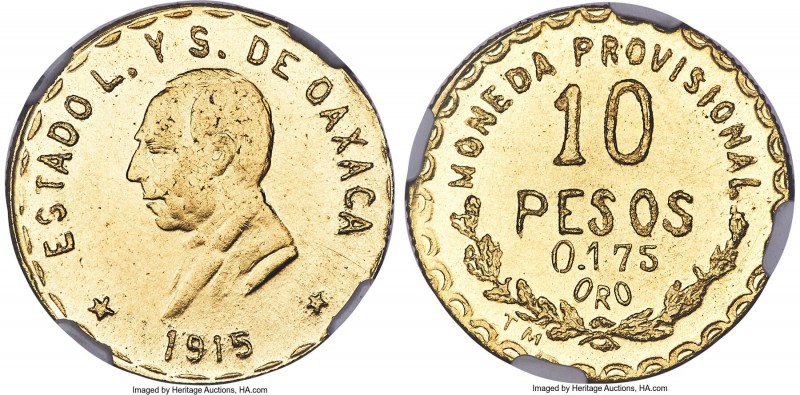 Oaxaca. Revolutionary gold 10 Pesos 1915-TM MS63 NGC, KM752, GB-374. Variety wit...