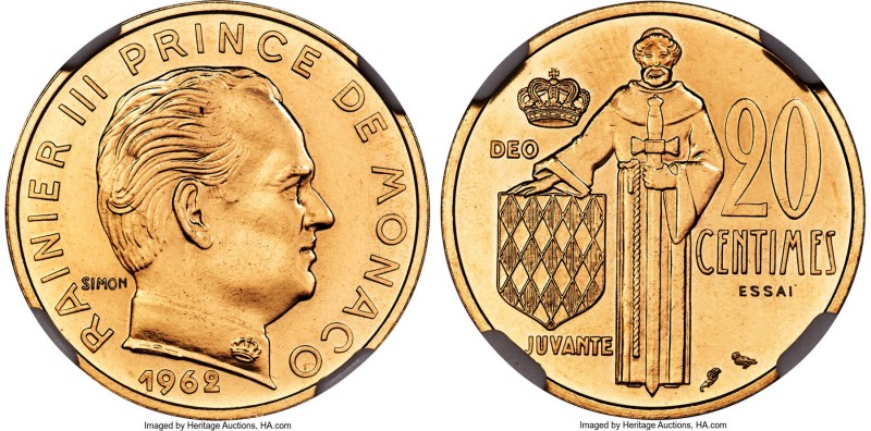 Rainier III gold Essai 20 Centimes 1962-(a) MS62 NGC, KM-E48, Gad-147. Struck fr...
