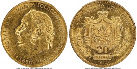Nicholas I gold "Golden Jubilee" 20 Perpera 1910 MS61 NGC, KM11. A one-year type issued in commemoration of Nicholas I's 50th anniversary of his reign...