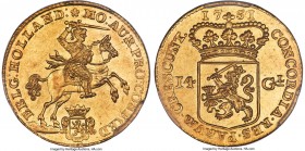 Holland. Provincial gold 14 Gulden 1751 MS62 PCGS, Amsterdam mint, KM97, Fr-253. Nearly as-struck details of this specimen, just shy of choice designa...