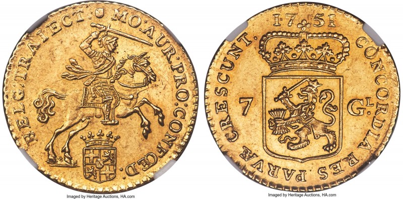 Utrecht. Provincial gold 7 Gulden 1751 MS62 NGC, KM103. Near-choice and imbued w...