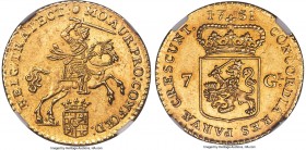Utrecht. Provincial gold 7 Gulden 1751 MS62 NGC, KM103. Near-choice and imbued with sun-yellow, semi-Prooflike surfaces peppered with traces of reflec...