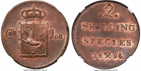 Carl XIV Johan 2 Skilling 1824 MS65 Brown NGC, KM295, ABH-50. Elusive in Mint State, let alone in gem, featuring uniform chocolate-brown surfaces; the...