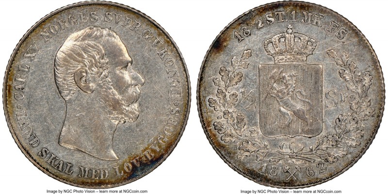 Carl XV Adolf 1/2 Speciedaler 1862 AU53 NGC, KM322. A commendable representative...