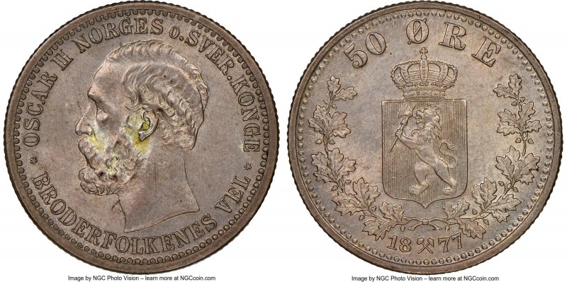 Oscar II 50 Ore 1877 MS64 NGC, KM356. A surprisingly scarce emission rarely enco...