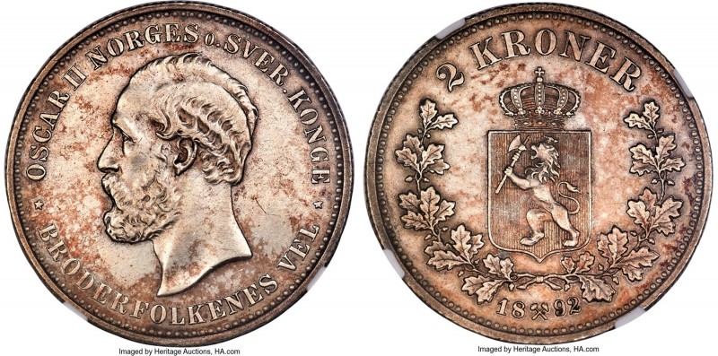 Oscar II 2 Kroner 1892 AU55 NGC, Kongsberg mint, KM359, ABH-22. An elusive offer...