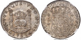 Charles III 8 Reales 1766 LM-JM MS62+ NGC, Lima mint, KM-A64.3, Cal-1026 (prev. Cal-842). One dot variety. Bathed in an all-encompassing and glistenin...