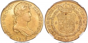 Ferdinand VII gold 8 Escudos 1812 LM-JP AU53 NGC, Lima mint, KM118, Cal-1758 (prev. Cal-17). Large draped bust variety. A pale-gold representative jus...