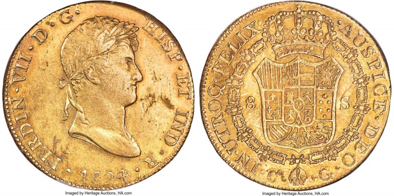 Ferdinand VII gold 8 Escudos 1824 Co-G AU55 NGC, Cuzco mint, KM129.2, Cal-1745 (...