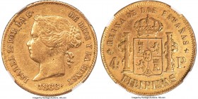 Spanish Colony. Isabel II gold 4 Pesos 1866 XF Details (Cleaned) NGC, KM144. A scarcer date in the series, with only 44,000 pieces minted. Notable hai...