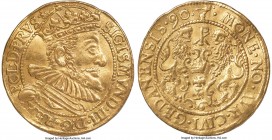 Danzig. Sigismund III gold Ducat 1590 AU Details (Bent) NGC, Danzig mint, Fr-10, Dutowski-11 (R5-R6), CNG-174/IV, Kop-1495 (R3). 3.48gm. Date reworked...