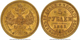 Alexander II gold 5 Roubles 1863 CПБ-MИ MS62 NGC, St. Petersburg mint, KM-YB26, Bit-9. Heavily satin and markedly "problem-free" for a type more often...
