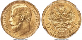 Nicholas II gold "Narrow Rim" 15 Roubles 1897-AΓ MS64 NGC, St. Petersburg mint, KM-Y65.2, Bit-2. Narrow rim variety with last three letters of the obv...