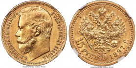 Nicholas II gold "Narrow Rim" 15 Roubles 1897-AΓ MS62 NGC, St. Petersburg mint, KM-Y65.2, Bit-2. Narrow rim variety with last three letters of the obv...