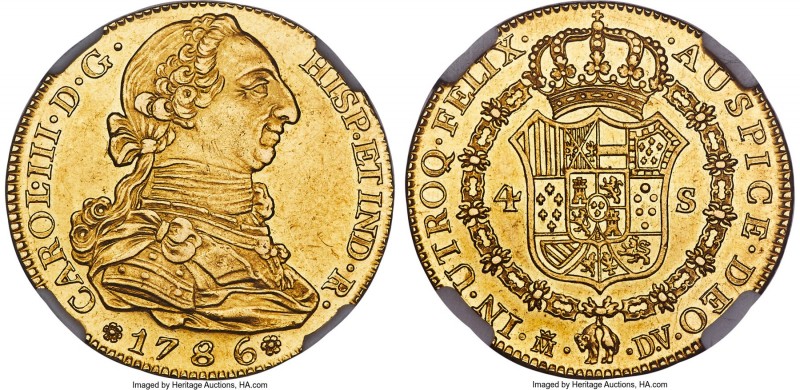 Charles III gold 4 Escudos 1786 M-DV MS62 NGC, Madrid mint, KM418.1a, Fr-284. Ex...