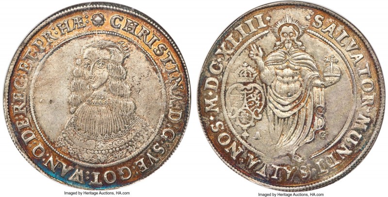 Christina Riksdaler 1643-AG AU55 NGC, Sala or Stockholm mint, KM187, Dav-4525. A...