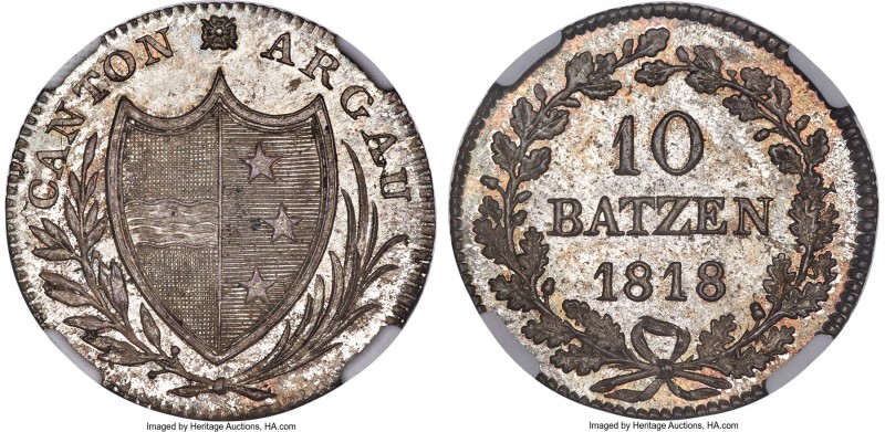 Aargau. Canton 10 Batzen 1818 MS65 NGC, KM14, HMZ-2-21d. Laden with soft, salt-w...