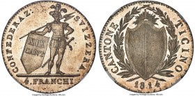 Ticino. Canton 4 Franchi 1814 MS64 NGC, Lucerne mint, KM6, Dav-367, HMZ-2-923b. Sublimely lustrous and exhibiting gentle mirroring throughout the fiel...
