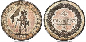 Helvetic Republic 4 Franken 1801-B MS62 NGC, Bern mint, KM-A10, HMZ-2-1185h. Gently toned throughout, with light touches of semi-iridescent champagne ...