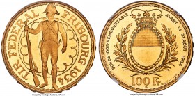 Confederation gold "Fribourg Shooting Festival" 100 Francs 1934-B MS66 NGC, Bern mint, KM-XS19. A splendid representative with deep golden mirrors boa...