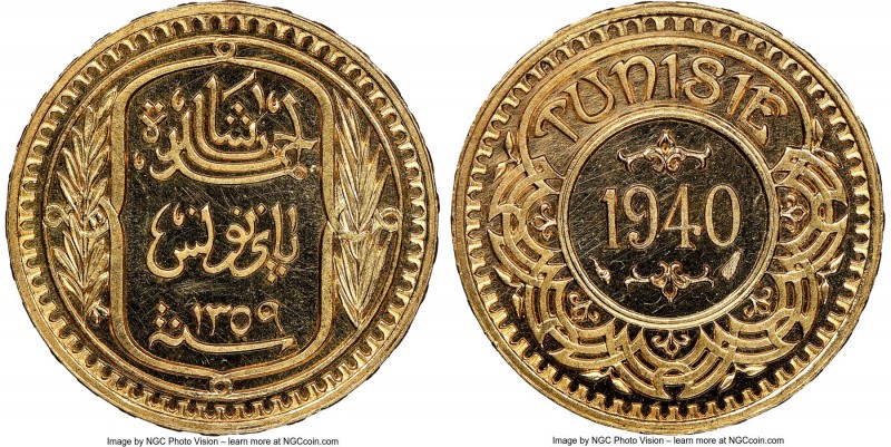 Ahmad Pasha Bey gold 100 Francs AH 1359 (1940)-(a) MS62 NGC, Paris mint, KM-Unl....