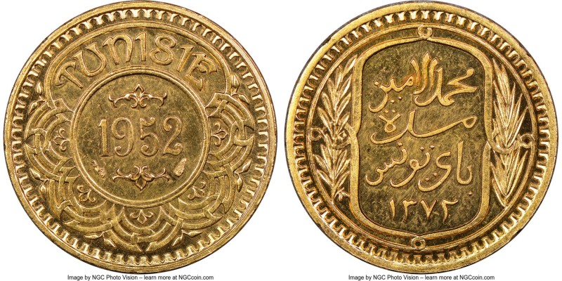 Muhammad al-Amin Bey gold 100 Francs AH 1372 (1952) MS65 Prooflike NGC, KM-X6, L...