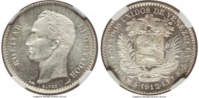 Republic Bolivar 1912 MS61 NGC, Paris mint, KM-Y22, Stohr-47, OAV-1B-A.11. Brilliant and frosty, the faint die polish of the obverse emerging with gre...