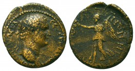 LYDIA. Thyateira. Domitian (81-96). Ae.
Obv: ΔΟΜΙΤΙΑΝΟϹ ΚΑΙ ϹƐ ΓΕΡΜΑΝΙΚΟϹ.
Laureate head right.
Rev: ΘΥΑΤƐΙΡΗΝΩΝ.
Nike advancing left with wreath and ...