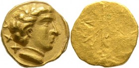 Griechische Münzen
Etruria. Populonia. 
AV-25 Asse 300-250 v. Chr. Jugendliche Büste (Apollo?) mit Collier nach rechts, dahinter Wertzahl "XXV" / Le...