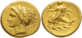 Griechische Münzen
Kalabria. Tarent. 
AV-Hemistater (nach attischem Standard) 320-315 v. Chr. TAPA (rückläufig). Mädchenkopf (Satyra?) mit Ohranhäng...