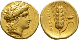 Griechische Münzen
Lukania. Metapont. 
AV-Drittelstater 330-320 v. Chr. Kopf einer Göttin (Hera?) nach rechts mit Stephane im Haar, geschmückt mit e...