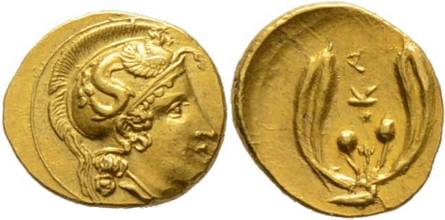 Griechische Münzen
Sizilien. Kamarina. 
AV-Tetradrachmon (= Diobol oder 1 1/3 ...