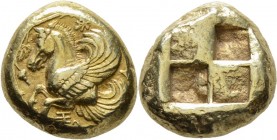 Griechische Münzen
Mysia. Lampsakos. 
El-Stater 415-400 v. Chr. Pegasosprotome im Flug nach links, außen Weinranke, unten Buchstabe Xi / Viergeteilt...
