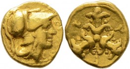 Griechische Münzen
Kyrenaika. Kyrene. 
AV-Hemidrachme (= Triobol) 322-313 v. Chr. Athenakopf im korinthischen Helm mit Helmzier nach rechts / K-Y-P-...