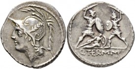 Römische Münzen
Römische Republik. Q. Minucius Thermus M.f. 103 v. Chr. 
Denar -Rom-. Behelmter Marskopf nach links / Römischer Soldat mit Schwert u...