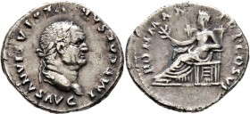 Römische Münzen
Kaiserzeit. Vespasianus 69-79. 
Denar 75 -Rom-. IMP CAESAR VESPASIANVS AVG. Belorbeerte Büste nach rechts / PON MAX TR P COS VI. Pax...