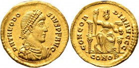 Römische Münzen
Kaiserzeit. Theodosius I. 379-395. 
Solidus 379/383 -Constantinopolis-. D N THEODOSIVS P F AVG. Drapiertes Brustbild mit doppeltem P...