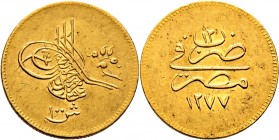 Ausländische Münzen und Medaillen
Ägypten. Abdul Aziz 1861-1876 AD/1277-1293 AH. 
100 Qirsh (Pound) AH 1277/12 (1871). KM 263, Fr. 81. 8,50 g
vorzü...