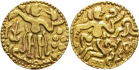 Ausländische Münzen und Medaillen
Ceylon (Sri Lanka). Chola-Dynastie. 
Goldstater o.J. (9.-13. Jh.). Nach rechts stehender Herrscher, davor Kugeln /...